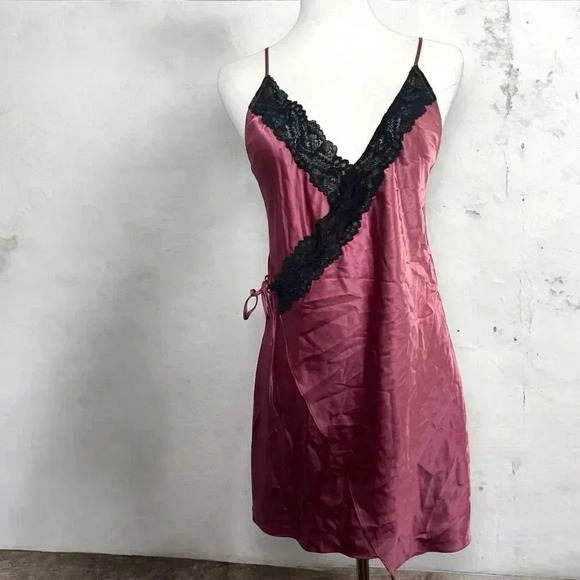 La  Senza Burgundy Lace Trim Satin Chemise Slip Dress S - Picture 1 of 6